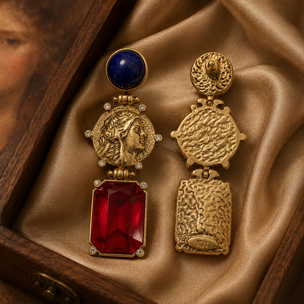 Vintage Natural Lapis Lazuli Old Brass Earrings