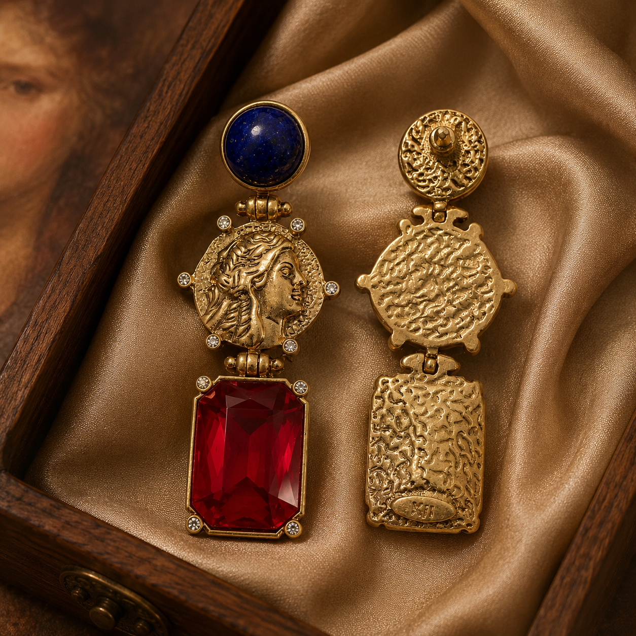 Vintage Natural Lapis Lazuli Old Brass Earrings