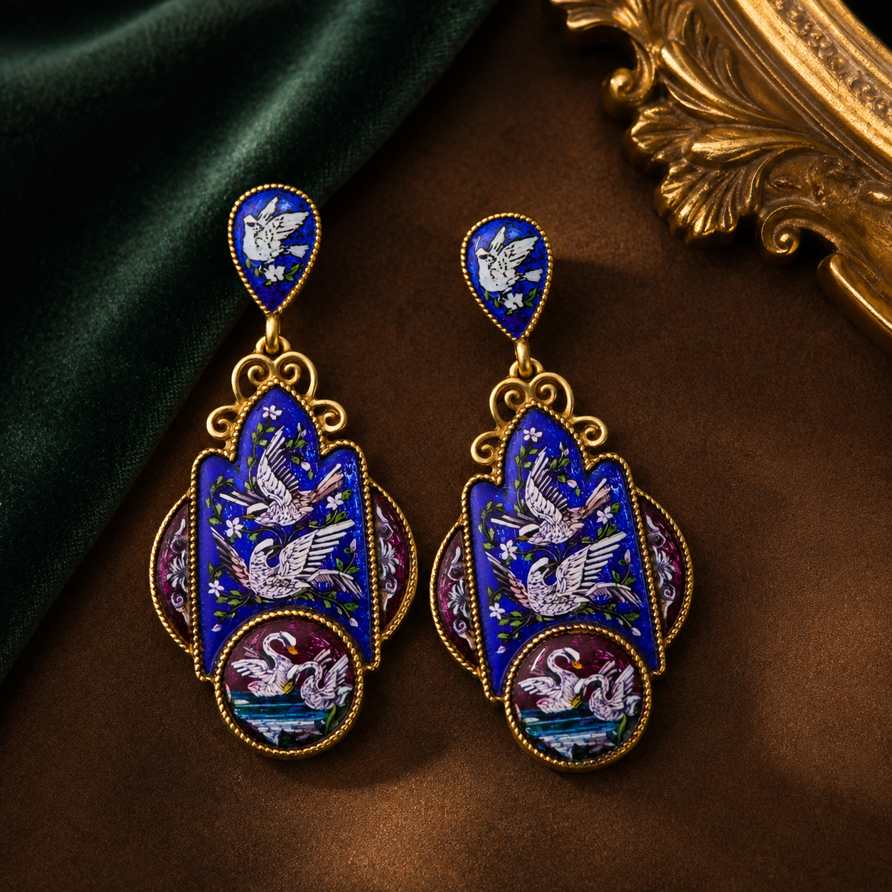 Gold plated Enamel Hand Painted Court Dove Earrings