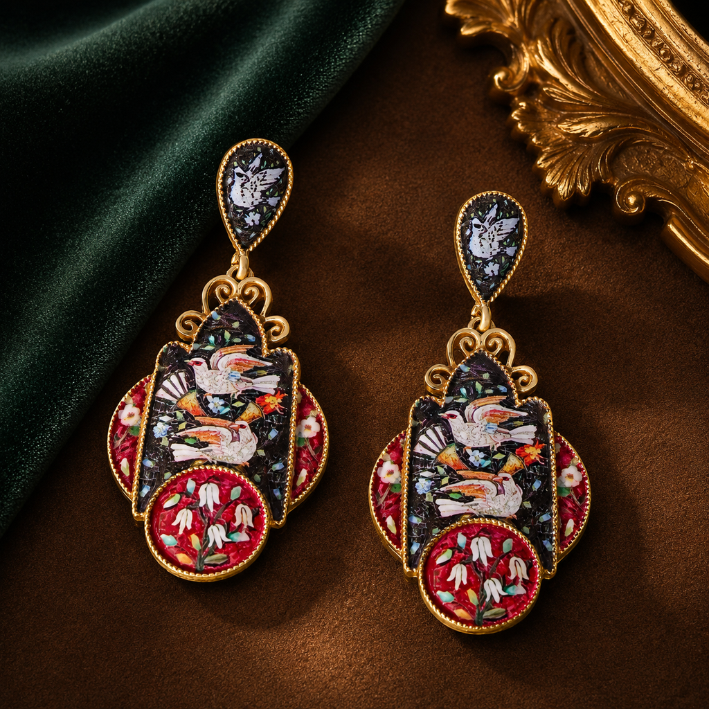 Gold plated Enamel Hand Painted Court Dove Earrings