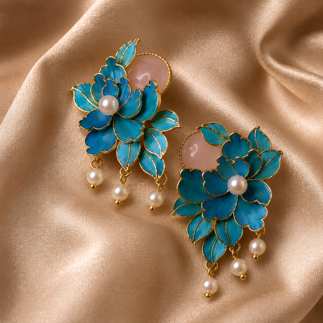 Boucles d'oreilles émaillées faites main pivoine