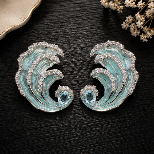 Boucles d'oreilles en émail « Vagues de la mer » plaquées or 18 carats