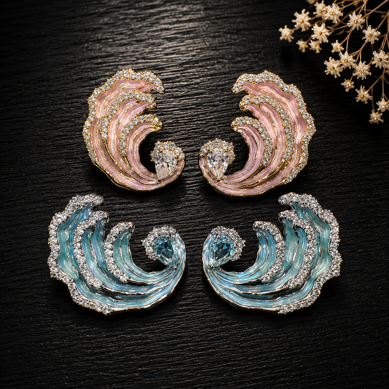 Boucles d'oreilles en émail « Vagues de la mer » plaquées or 18 carats