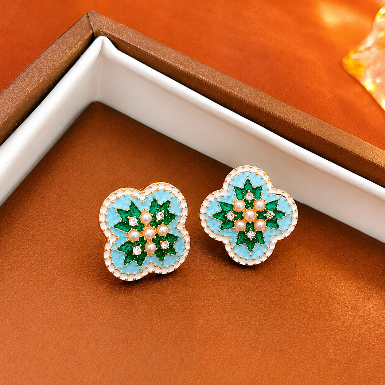 925 Silver Needle Vintage Glaze Flowers Geometric Earrings