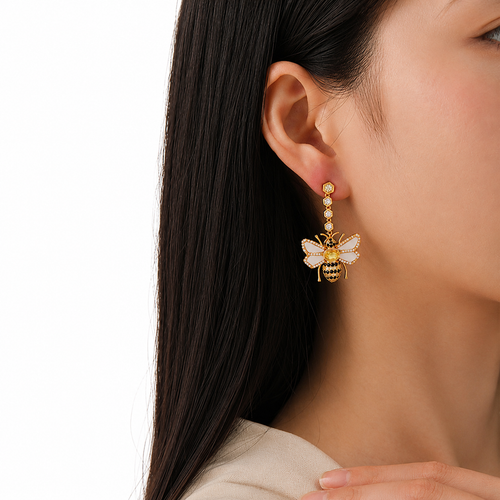 Boucles d'oreilles abeille vintage en émail plaqué or 18 carats