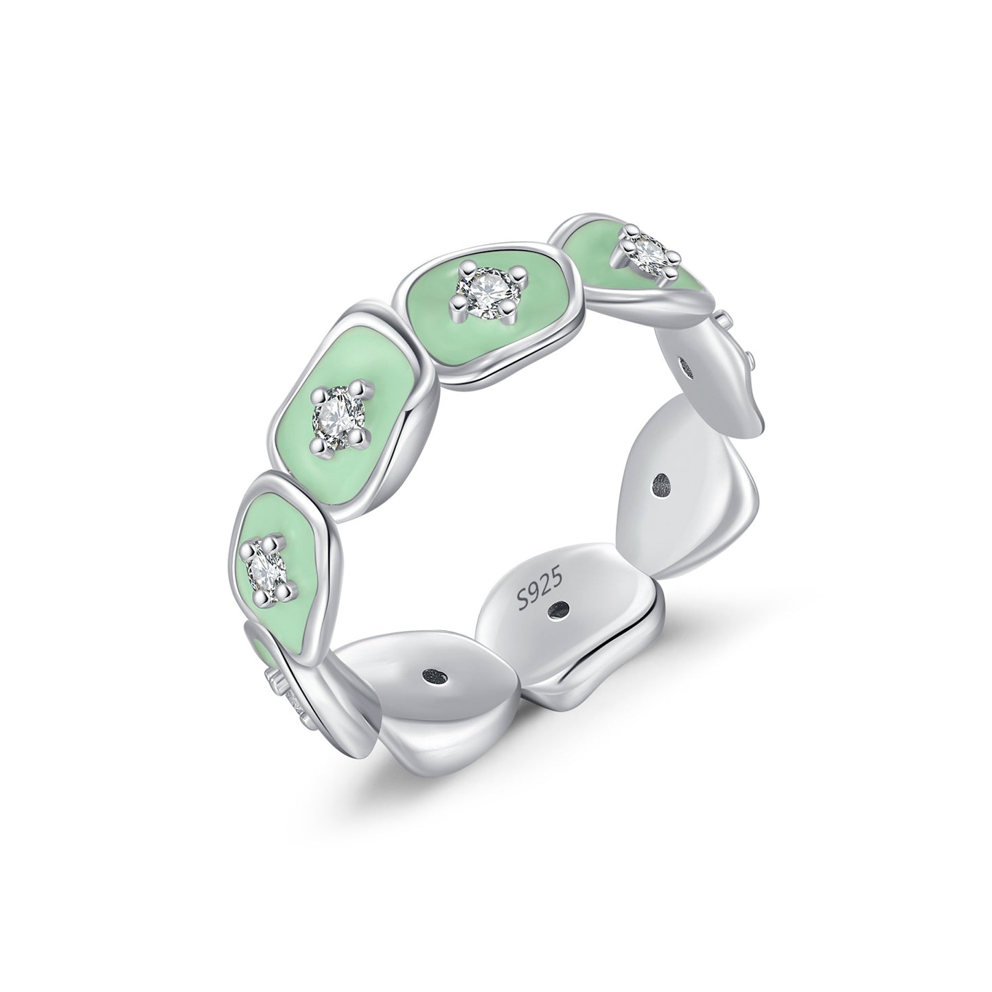 S925 Sterling Silver Design Advanced Irregular Diamond Mint Green Drop Glaze Ring