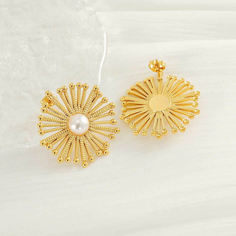 Boucles d'oreilles à tige en acier inoxydable plaqué or avec perles et fleurs