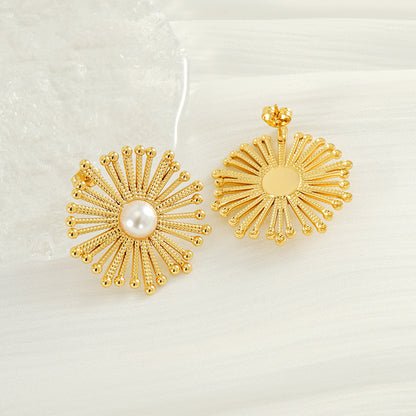 Gold Stainless Steel Flower Pearl Stud Earrings