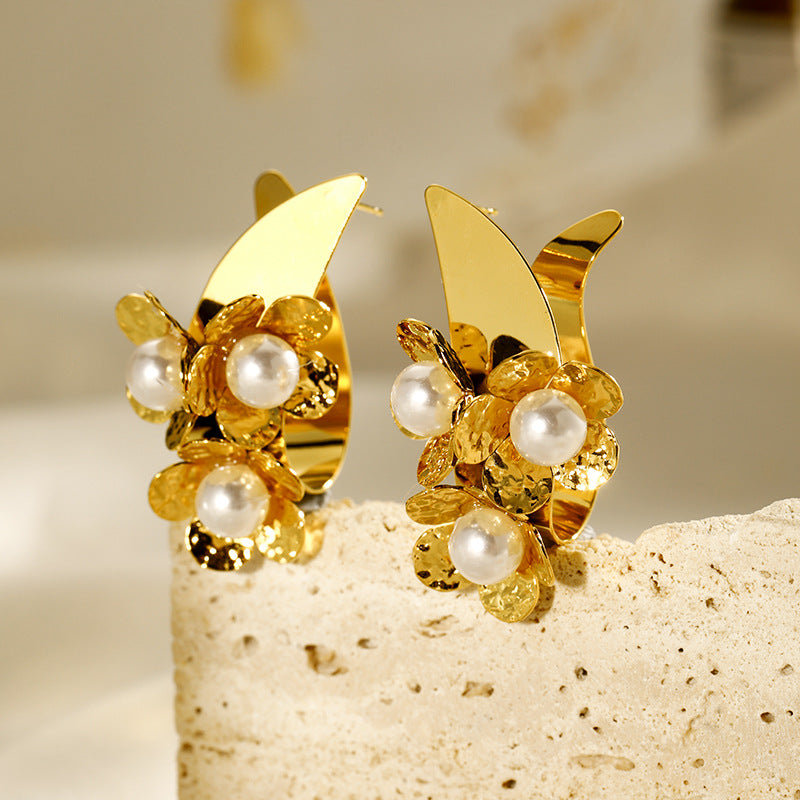 18k Gold plated Stainless Steel Flower Pearl Stud Earrings
