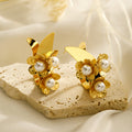18k Gold plated Stainless Steel Flower Pearl Stud Earrings