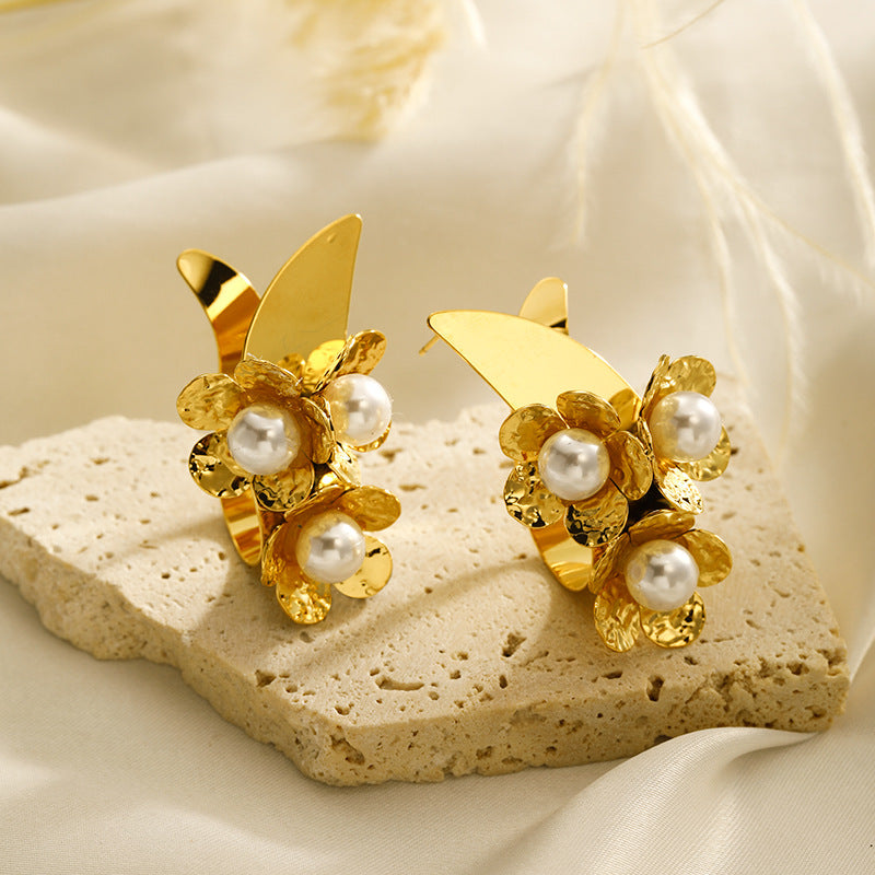 18k Gold plated Stainless Steel Flower Pearl Stud Earrings