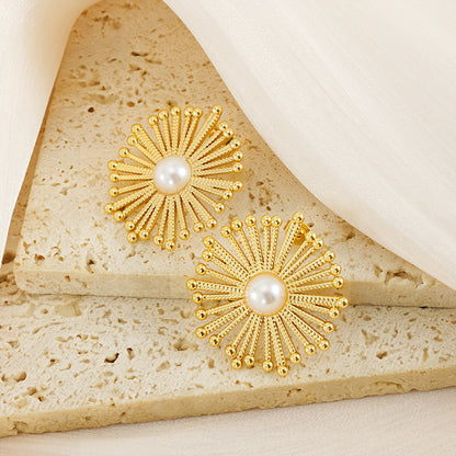 Gold Stainless Steel Flower Pearl Stud Earrings