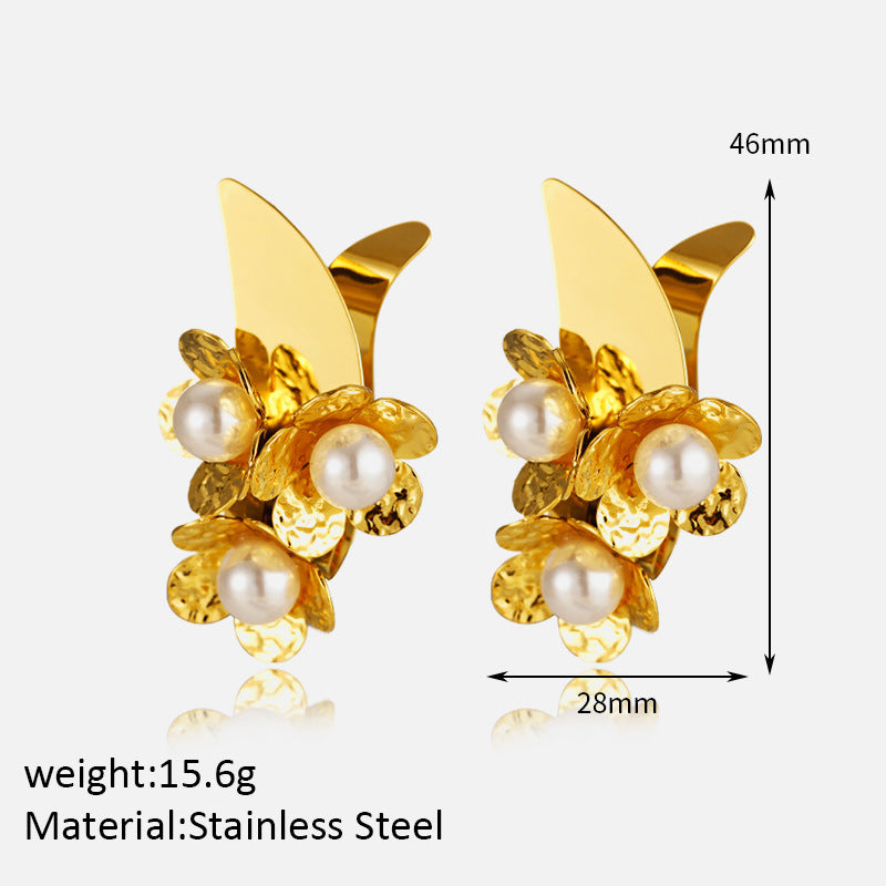 18k Gold plated Stainless Steel Flower Pearl Stud Earrings