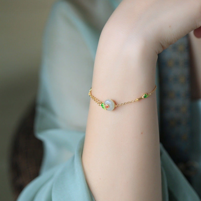 18k Gold Vermeil Hetian Jade  Enamel Hand Painted Bracelet