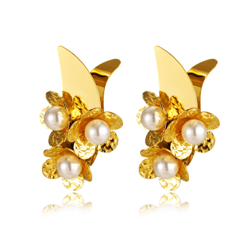 18k Gold plated Stainless Steel Flower Pearl Stud Earrings
