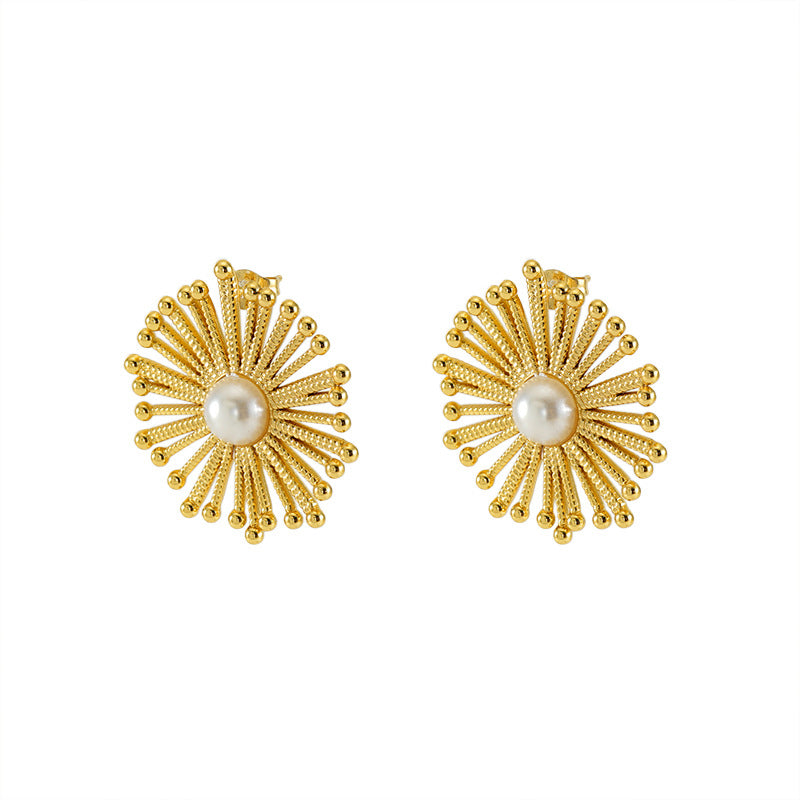 Gold Stainless Steel Flower Pearl Stud Earrings