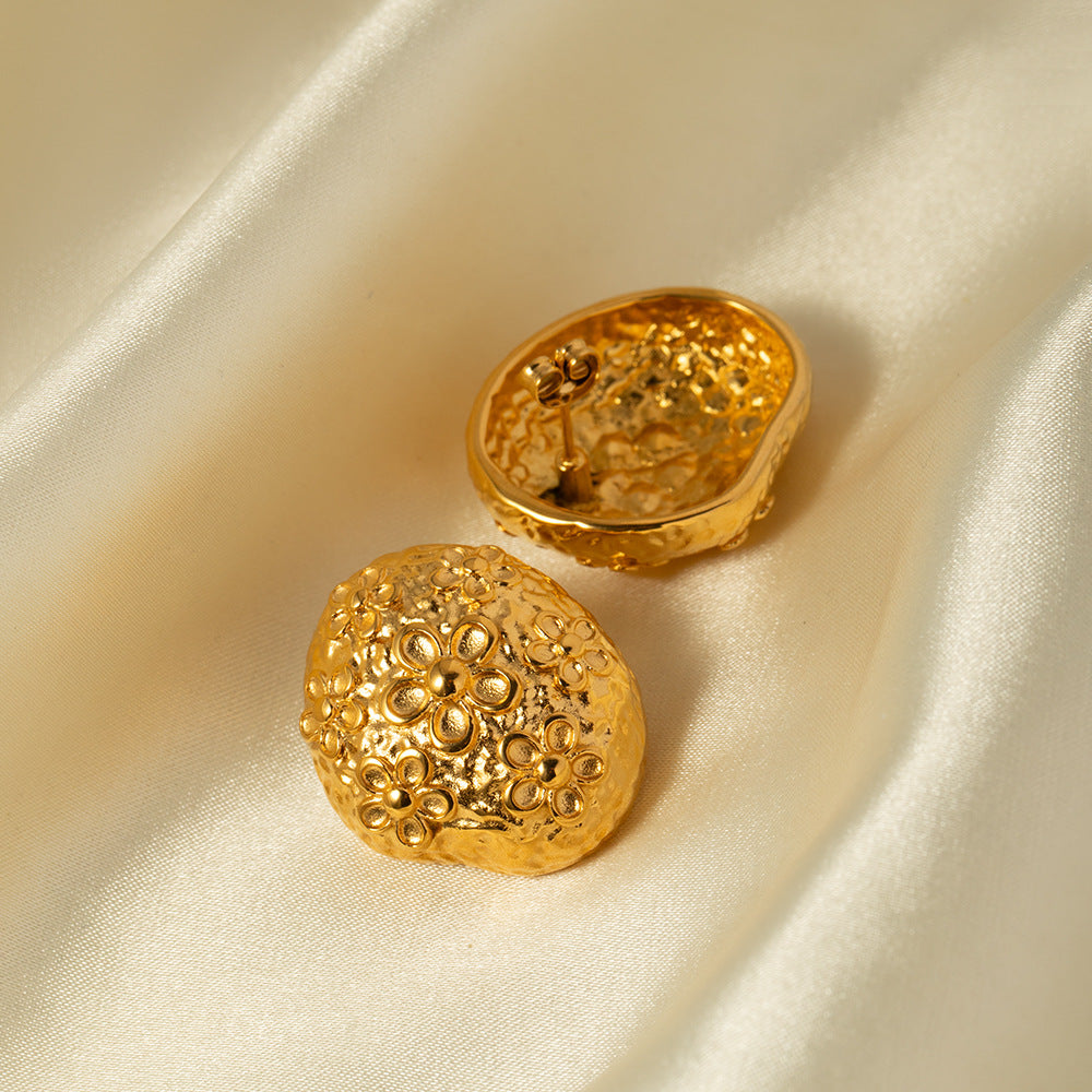 18k Gold Stainless Steel Hammer Patterned Flower Earrings