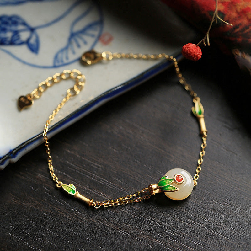 18k Gold Vermeil Hetian Jade  Enamel Hand Painted Bracelet