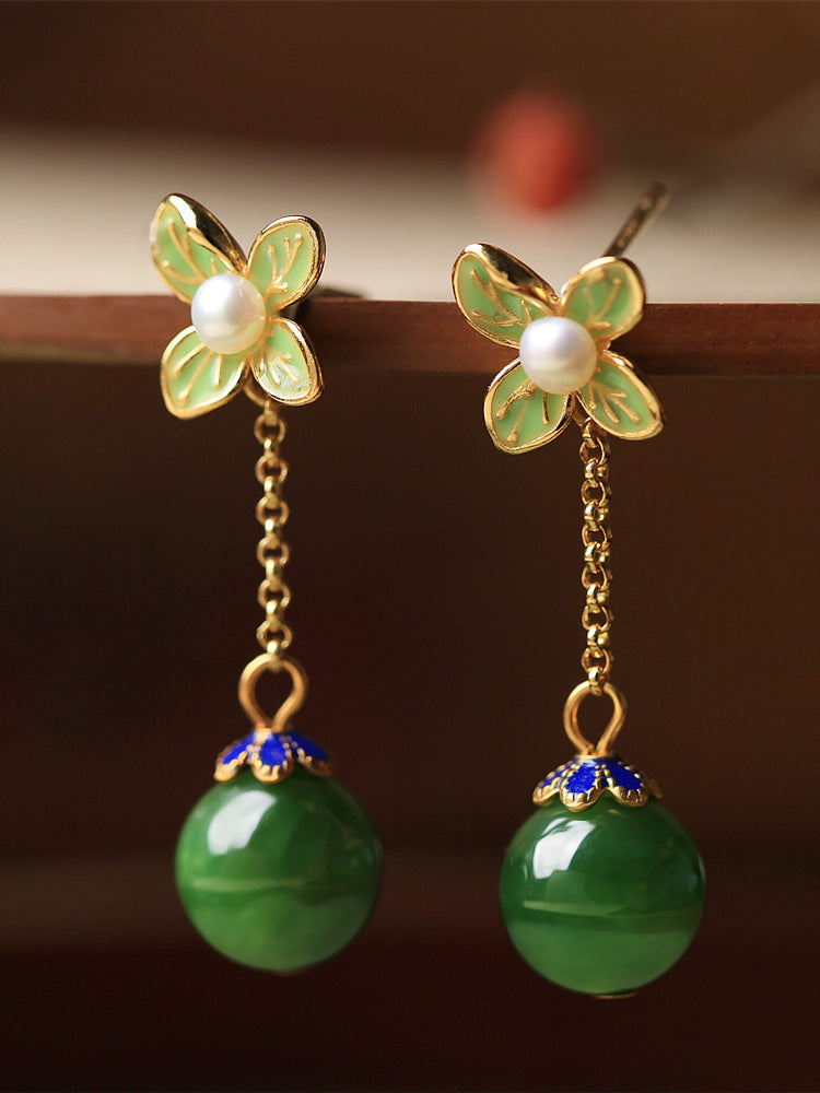 Natural Hetian Jade Jasper Chinese Style Enamel Earrings