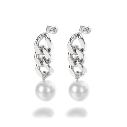 Women's Stainless Steel Pearl Cuban Chain Earrings