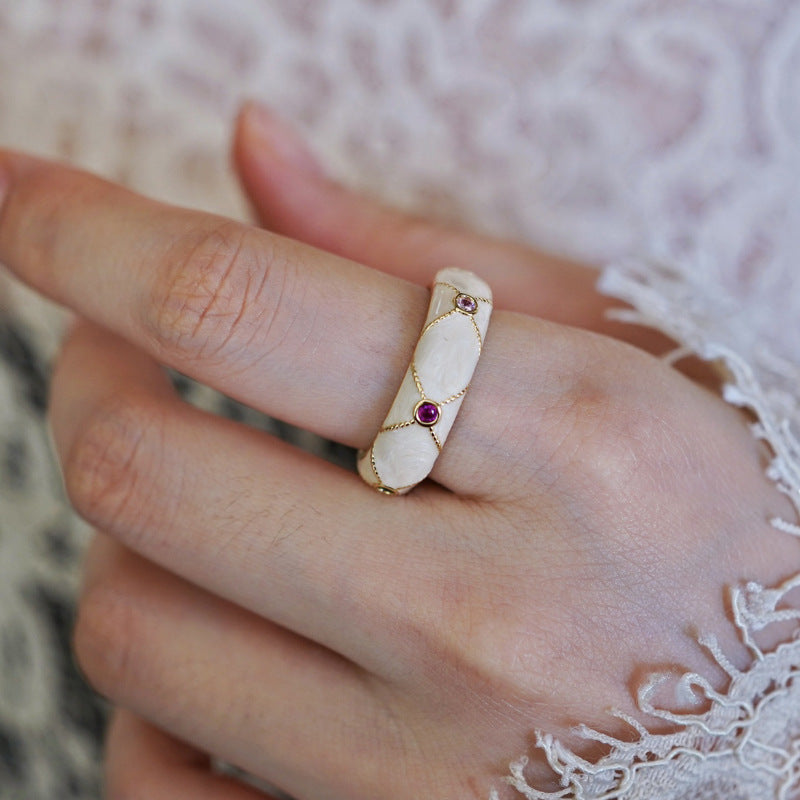 Enamel Streamer Milky White Romantic Open Ring