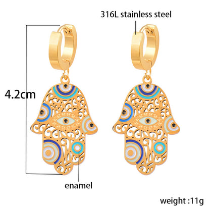 18k gold plated Buddha Hand Enamel Craft Blue Eyes Hollow Stainless Steel Earrings