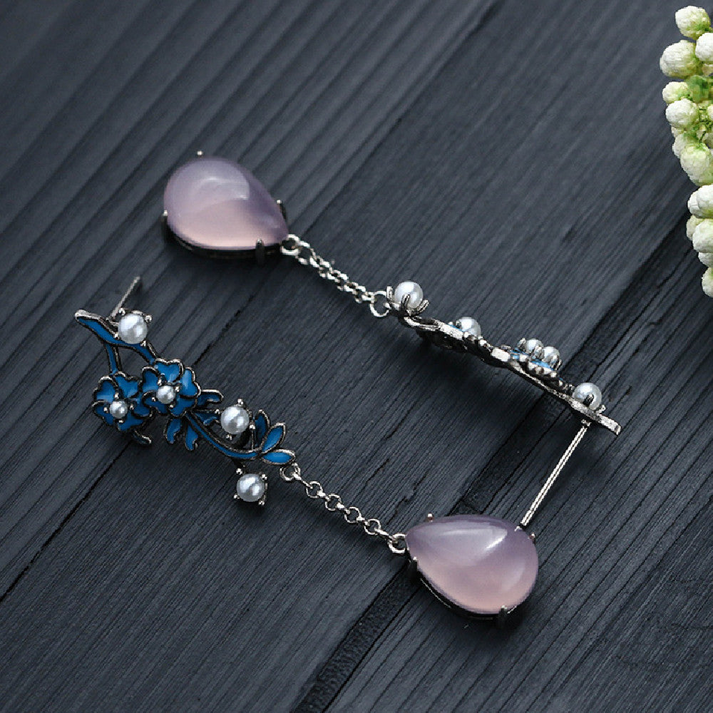 Boucles d'oreilles artisanales vintage en émail cloisonné et perle bleue brûlée, calcédoine violette naturelle