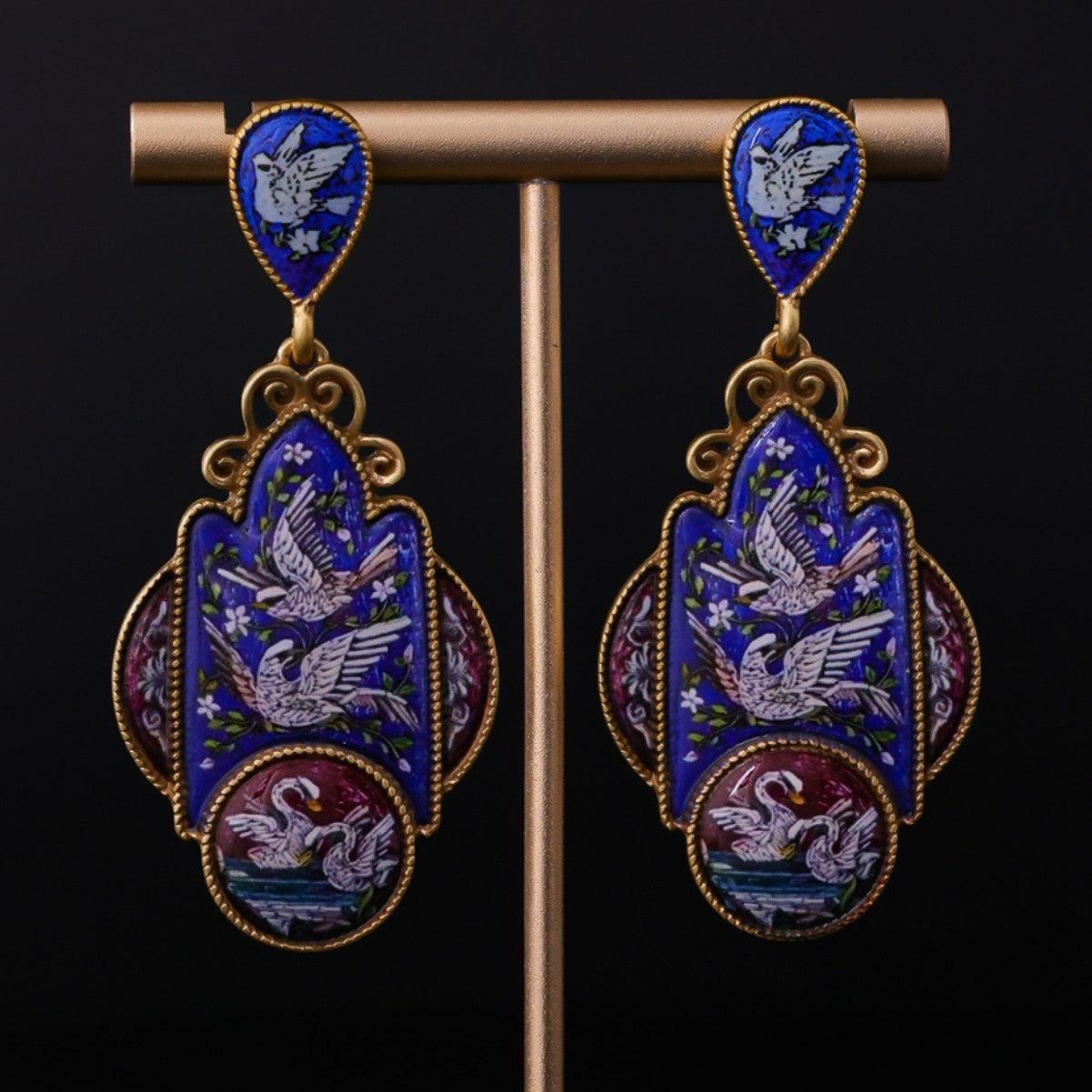 Gold plated Enamel Hand Painted Court Dove Earrings