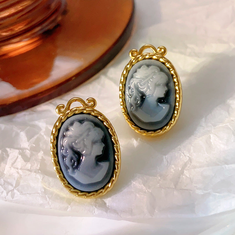 Baroque Camé Aristrocacy Face Oval Handmade Stud Earrings