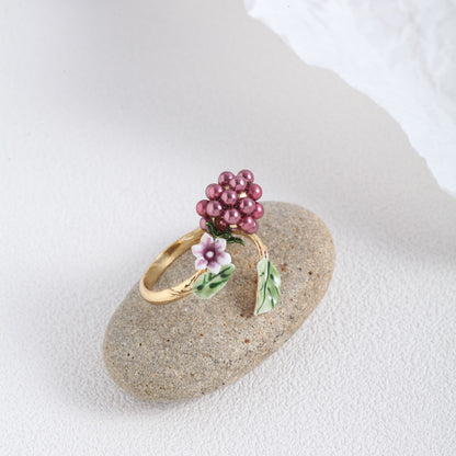 Hand Painted Enamel Glaze Purple Pearl Raspberry Flower Green Leaf Open Ring