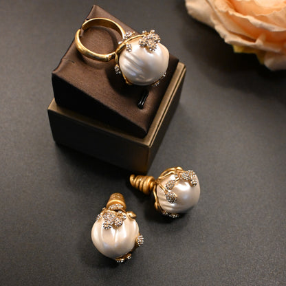 Vintage Brass Inlaid Baroque Pearl Bud Earrings And Ring