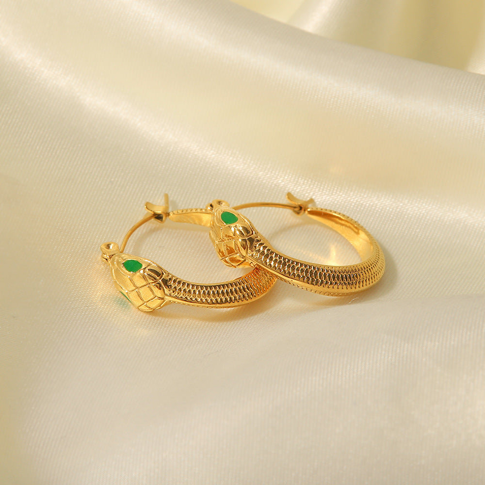 Snake-shaped Green Eye Stainless Steel Earrings