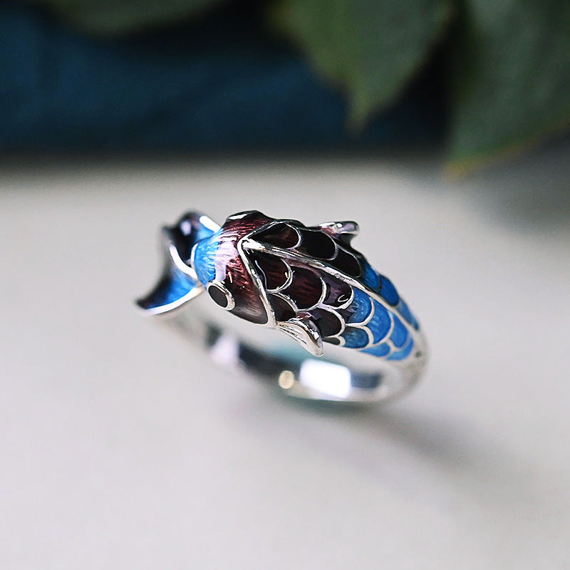 Bague faite main en émail bleu brûlé