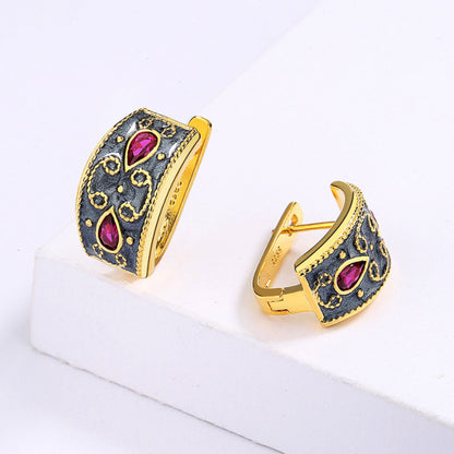 Ruby Gold Plated Earrings Vintage Enamel Two-tone