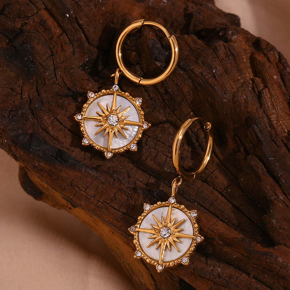 Fashion Personalized Minority Retro Compass Earrings Stainless Steel Eight Awn Star Pendant Earrings