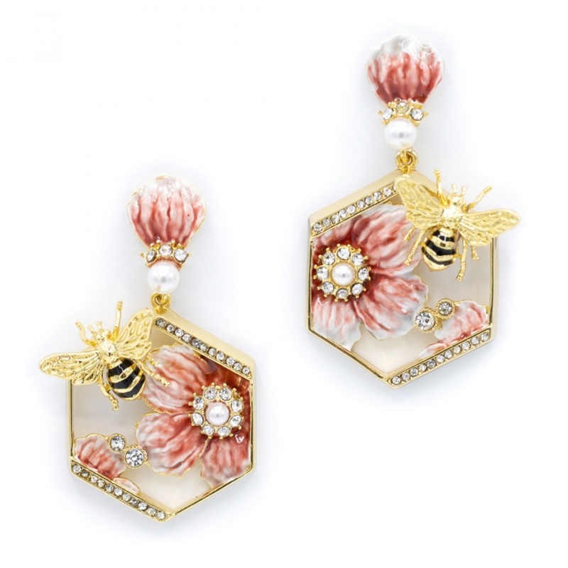 18k Gold plated Enamel Painted Flower Petals Small Bee Inlaid Jewel