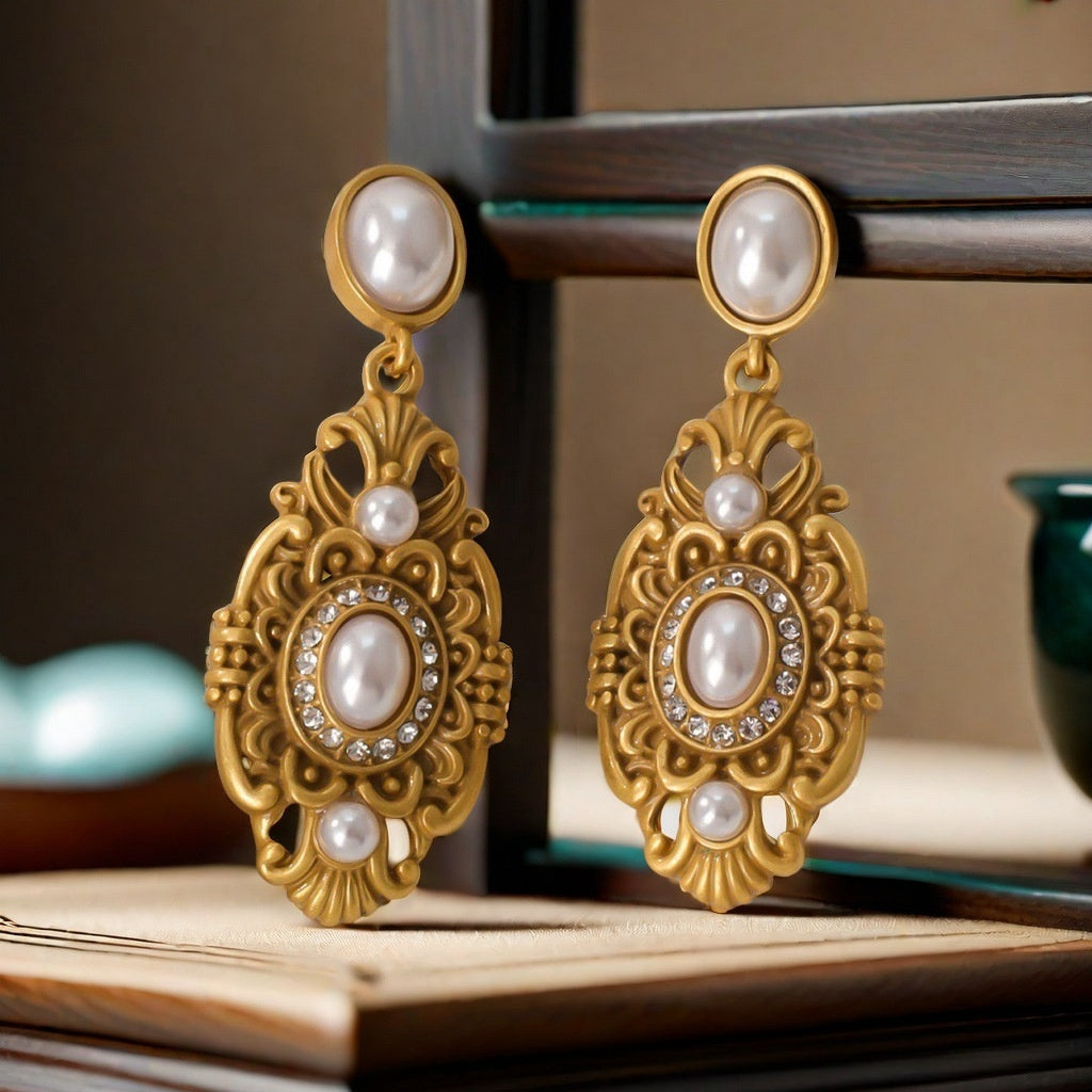 Retro Alloy Pearl Old Gold Silver Earrings