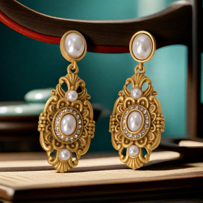 Retro Alloy Pearl Old Gold Silver Earrings