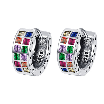 Boucles d'oreilles carrées en argent sterling S925 avec zircon arc-en-ciel coloré