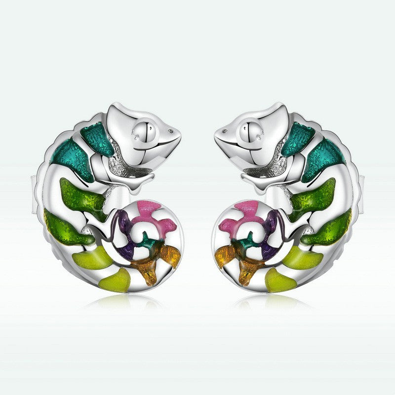 S925 Platinum Plated Chameleon Drop Oil Stud Earrings