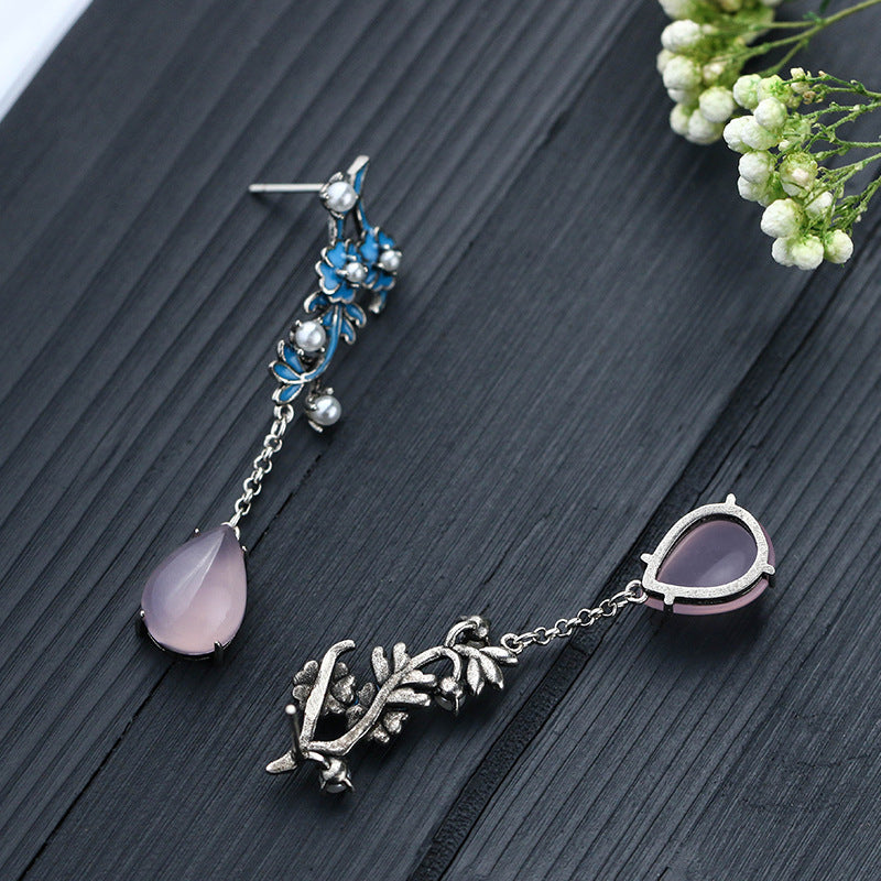 Boucles d'oreilles artisanales vintage en émail cloisonné et perle bleue brûlée, calcédoine violette naturelle