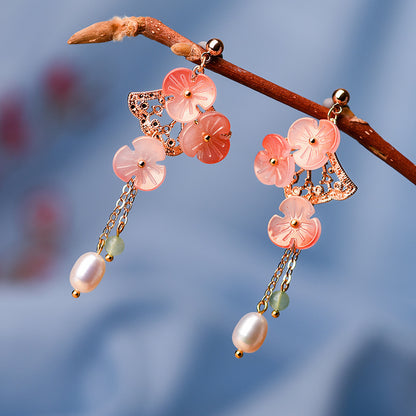 Boucles d'oreilles Mori en plaqué or avec perles et feuilles de ginkgo de style chinois