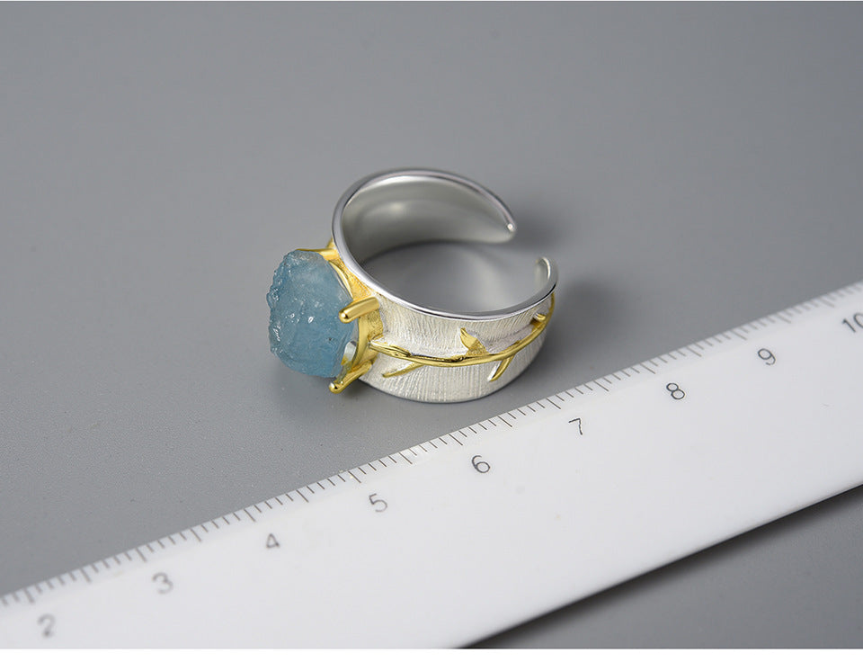 S925 Women's Long Leaf Aquamarine Ring