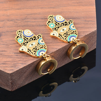 18k gold plated Buddha Hand Enamel Craft Blue Eyes Hollow Stainless Steel Earrings