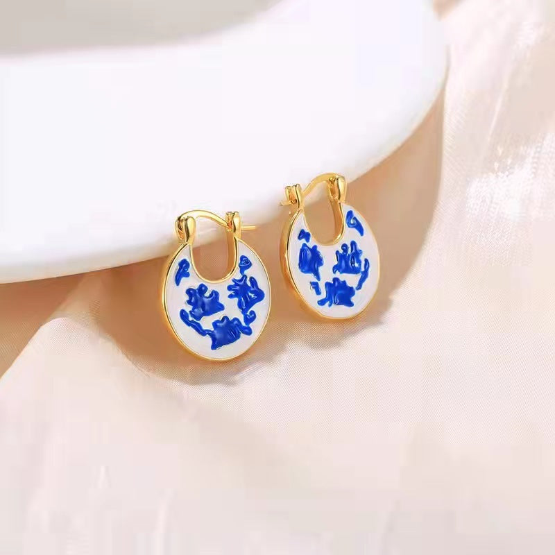 18k Gold Enamel Porcelain Hoop Earrings