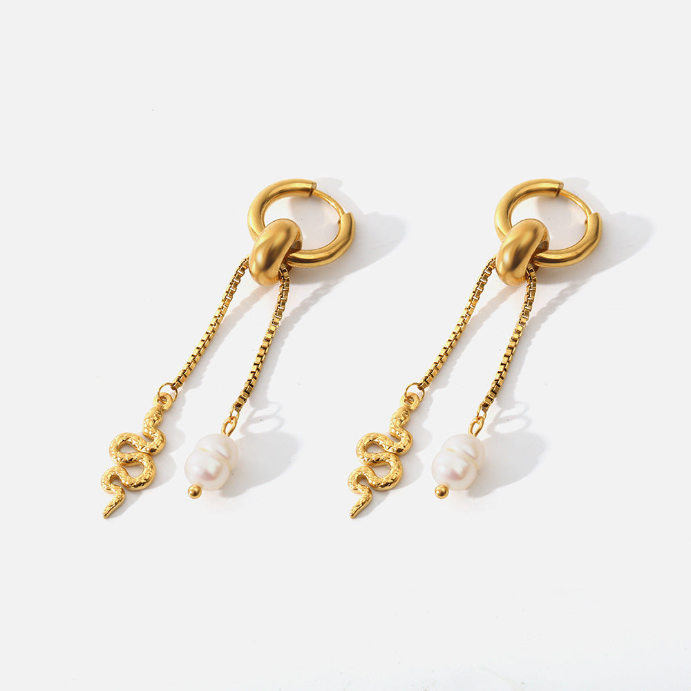 Stainless Steel Electroplated Snake Element Earrings Natural Water Pearl Earrings