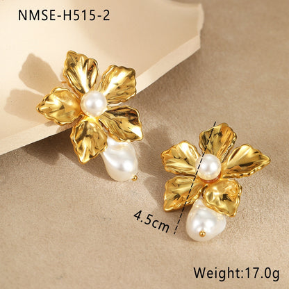 Retro Baroque Pearl Flower Stainless Steel 18K Gold Earrings Advanced