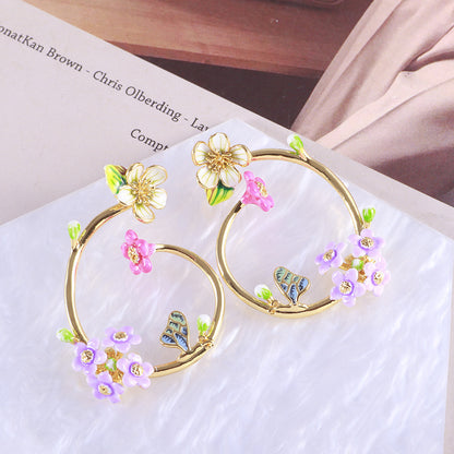 Mori Style Hand Painted Enamel Glaze Flower Romantic Butterfly Detachable Dual-use Earrings