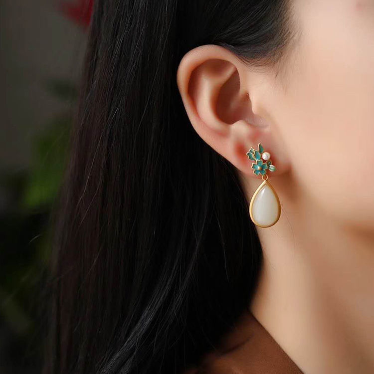 White Jade Drop-shaped Women's Long Earrings