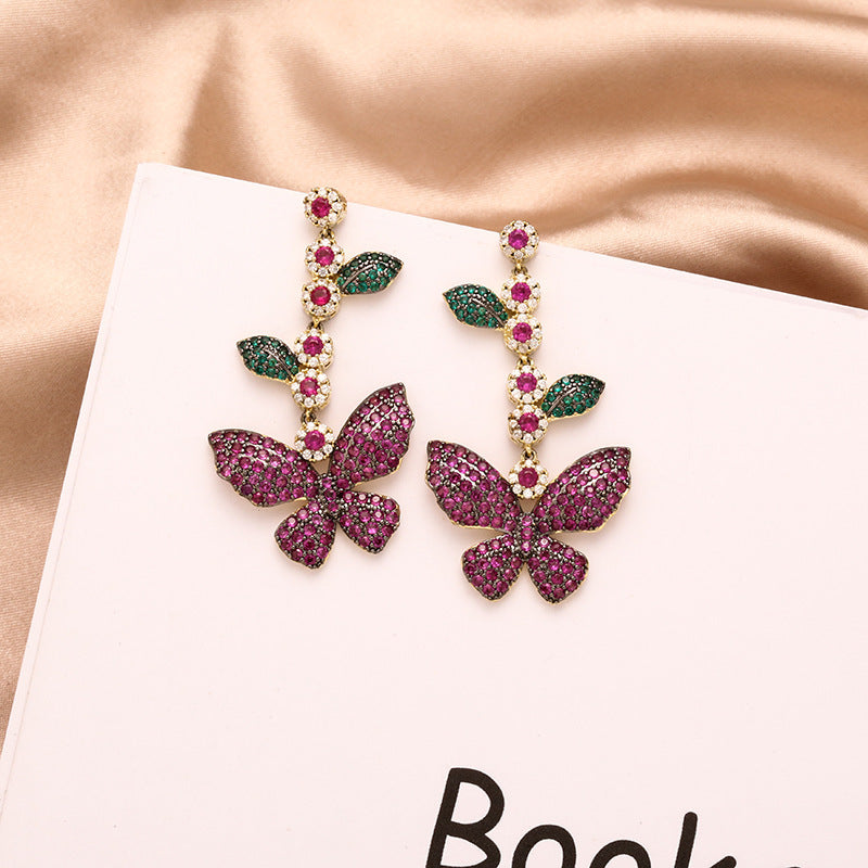 Personality Super Fairy Butterfly Earrings Micro-inlaid Zircon Leaf Flower Long Tassel Earrings Temperament Goddess